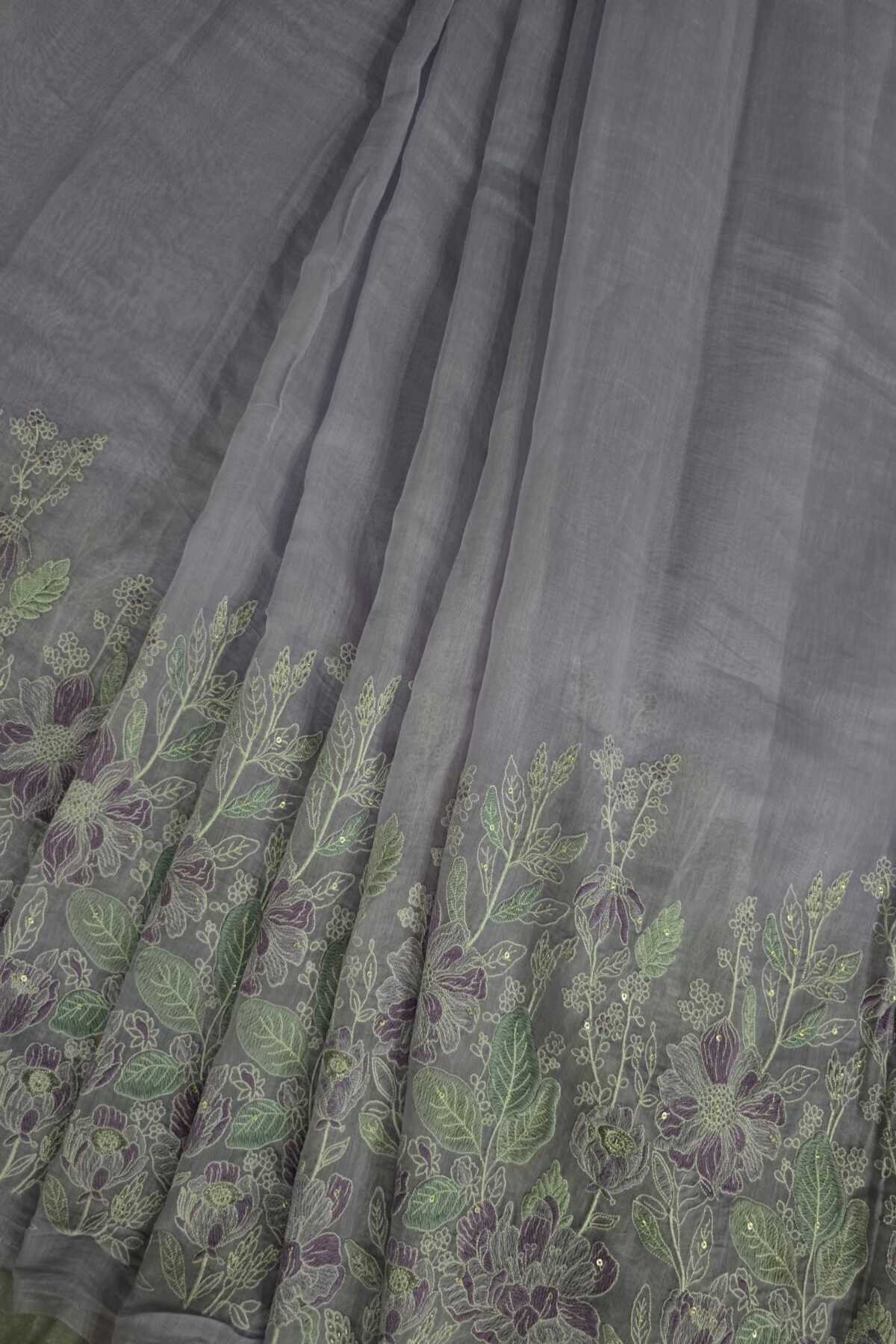 Ikebana Inspired Pannel Embroidered Pure Mul Chanderi Fabric