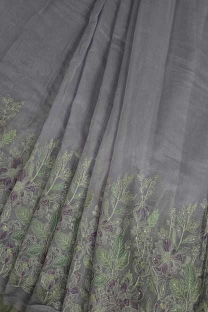 Ikebana Inspired Pannel Embroidered Pure Mul Chanderi Fabric