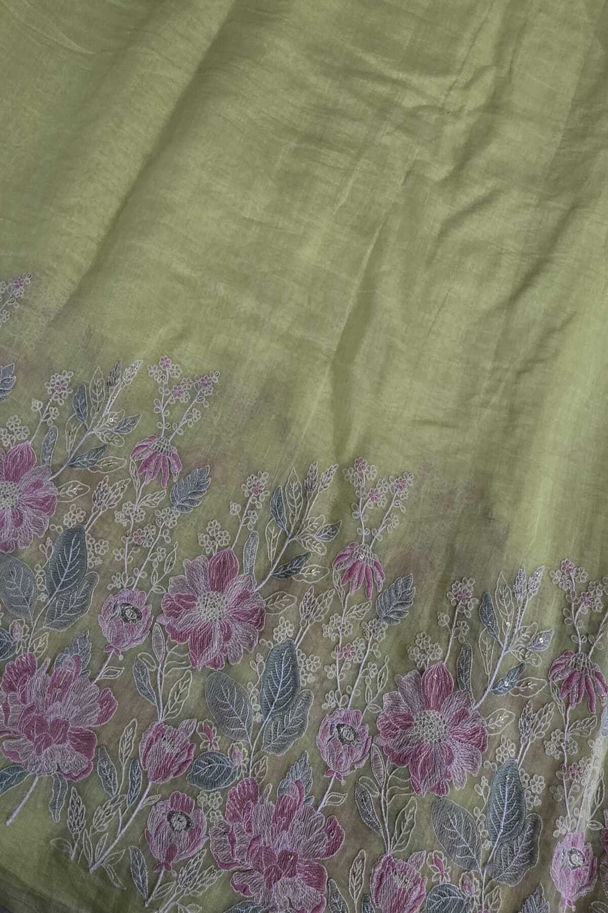 Ikebana Inspired Pannel Embroidered Pure Mul Chanderi Fabric