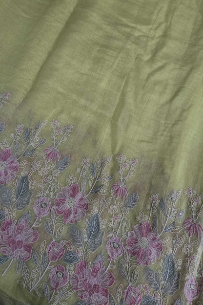 Ikebana Inspired Pannel Embroidered Pure Mul Chanderi Fabric