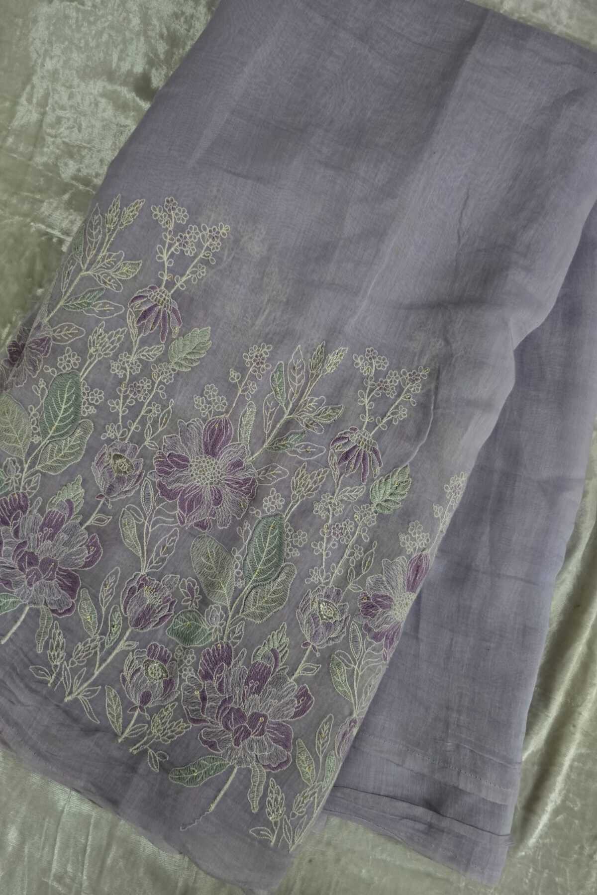 Ikebana Inspired Pannel Embroidered Pure Mul Chanderi Fabric