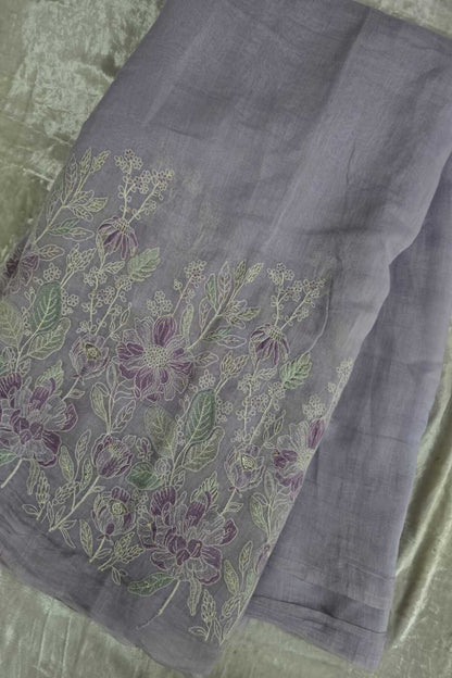 Ikebana Inspired Pannel Embroidered Pure Mul Chanderi Fabric