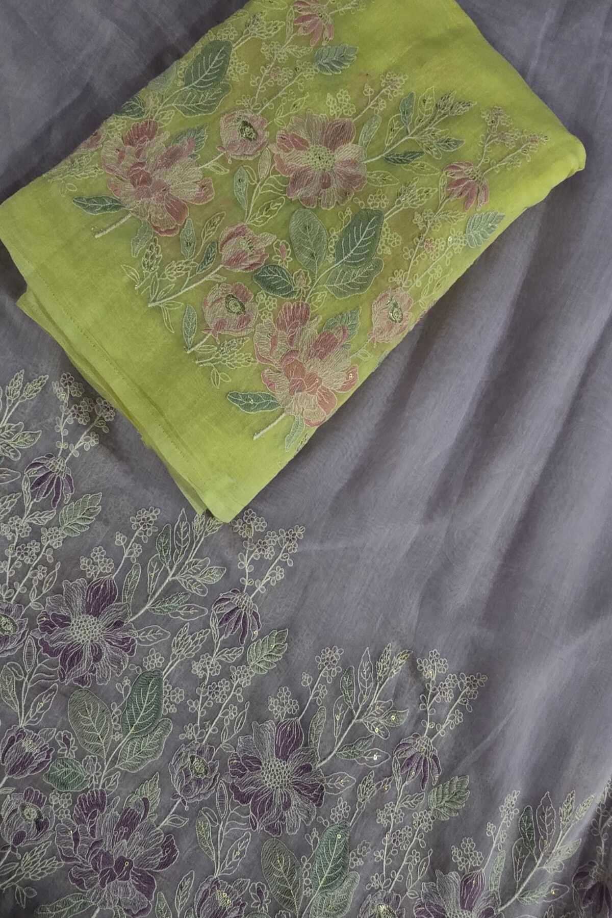 Ikebana Inspired Pannel Embroidered Pure Mul Chanderi Fabric
