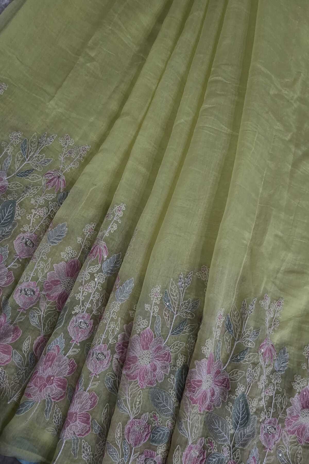 Ikebana Inspired Pannel Embroidered Pure Mul Chanderi Fabric