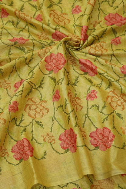 Canary Yellow Cross Stich Embroidered Pure Tussar Fabric