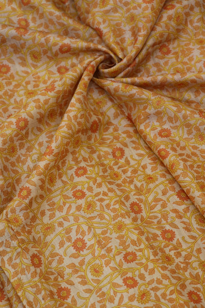 Natural Desi Tussar Orange Yellow Intricate Floral Printed Fabric