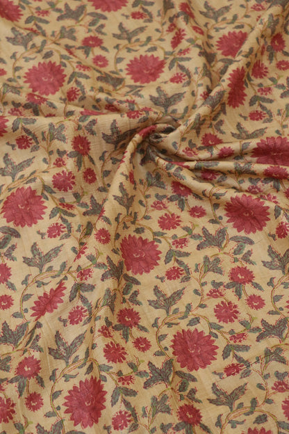 Natural Desi Tussar Latte Brown Base Red Floral Printed Fabric