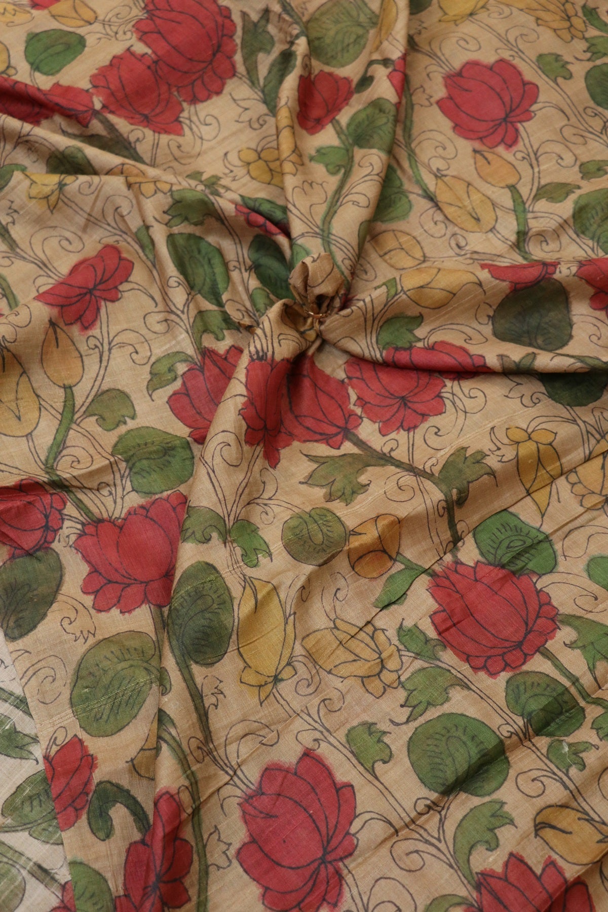 Natural Desi Tussar Brown Beige Kalamakari  Printed Fabric