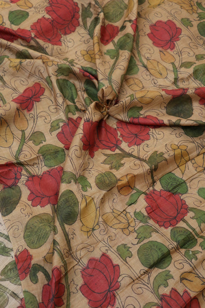 Natural Desi Tussar Brown Beige Kalamakari  Printed Fabric