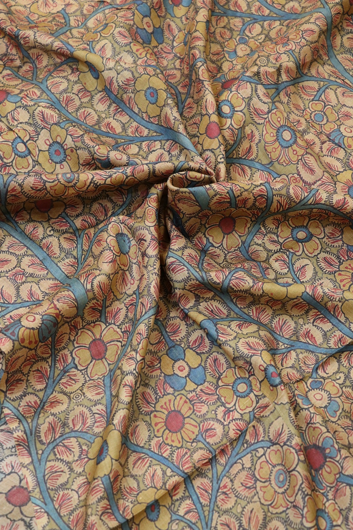 Natural Desi Tussar Hazel Wood Color Base Kalmakari Floral Printed Fabric