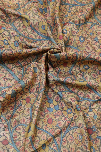 Natural Desi Tussar Hazel Wood Color Base Kalmakari Floral Printed Fabric
