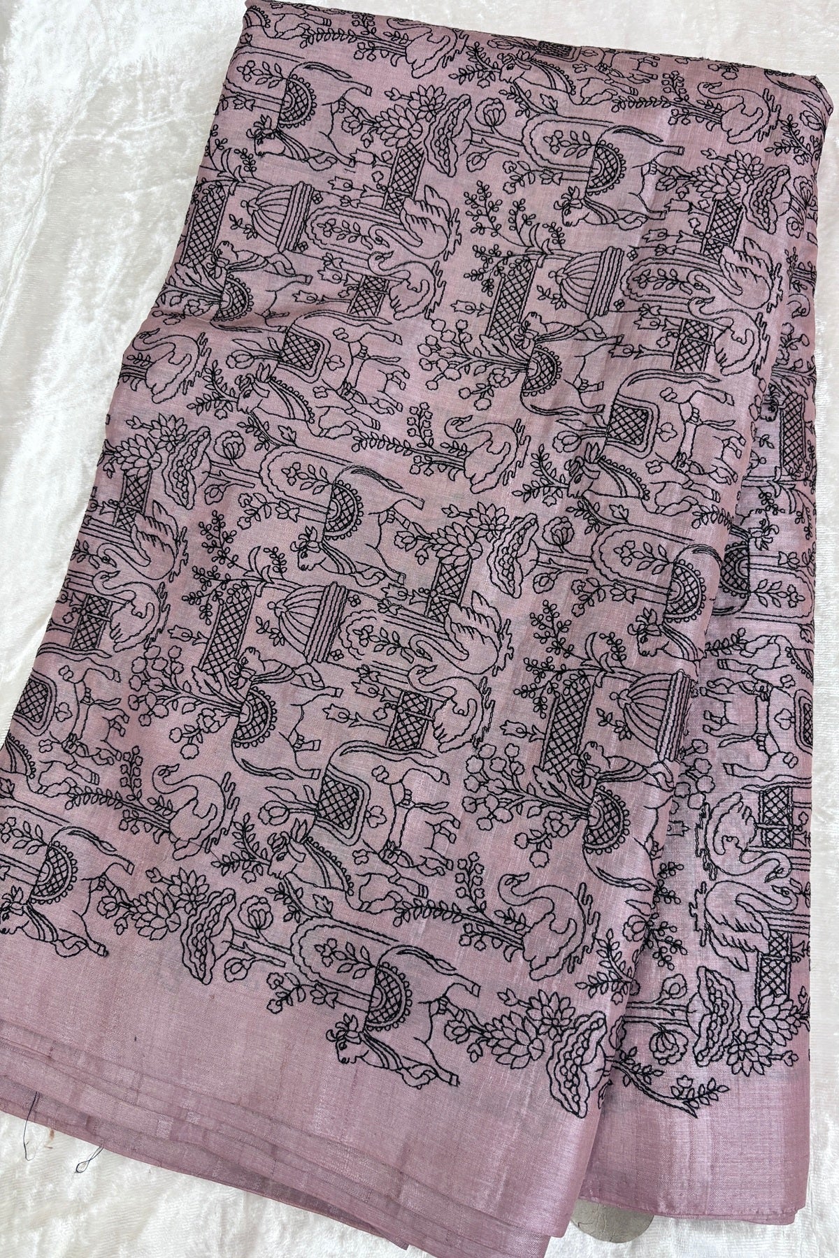 Pichwai Inspired Black Thread Embroidered Pure Tussar Fabric