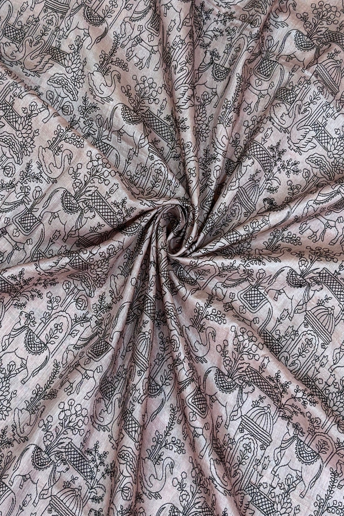 Pichwai Inspired Black Thread Embroidered Pure Tussar Fabric