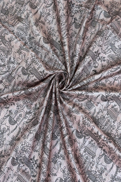 Pichwai Inspired Black Thread Embroidered Pure Tussar Fabric