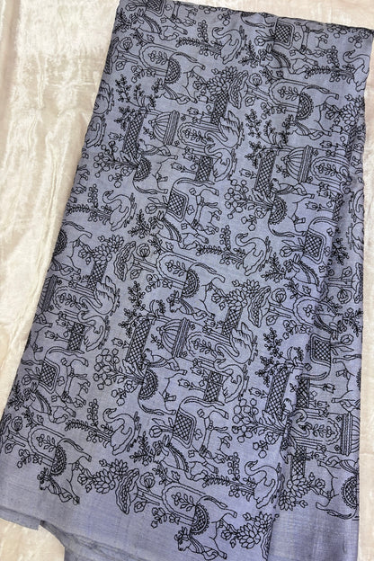 Pichwai Inspired Black Thread Embroidered Pure Tussar Fabric