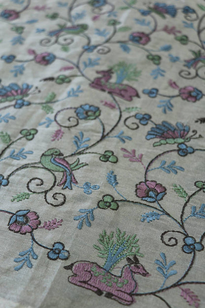 Metallic Silver Grey Jungle Theme Embroidered Pure  Tissue Fabric