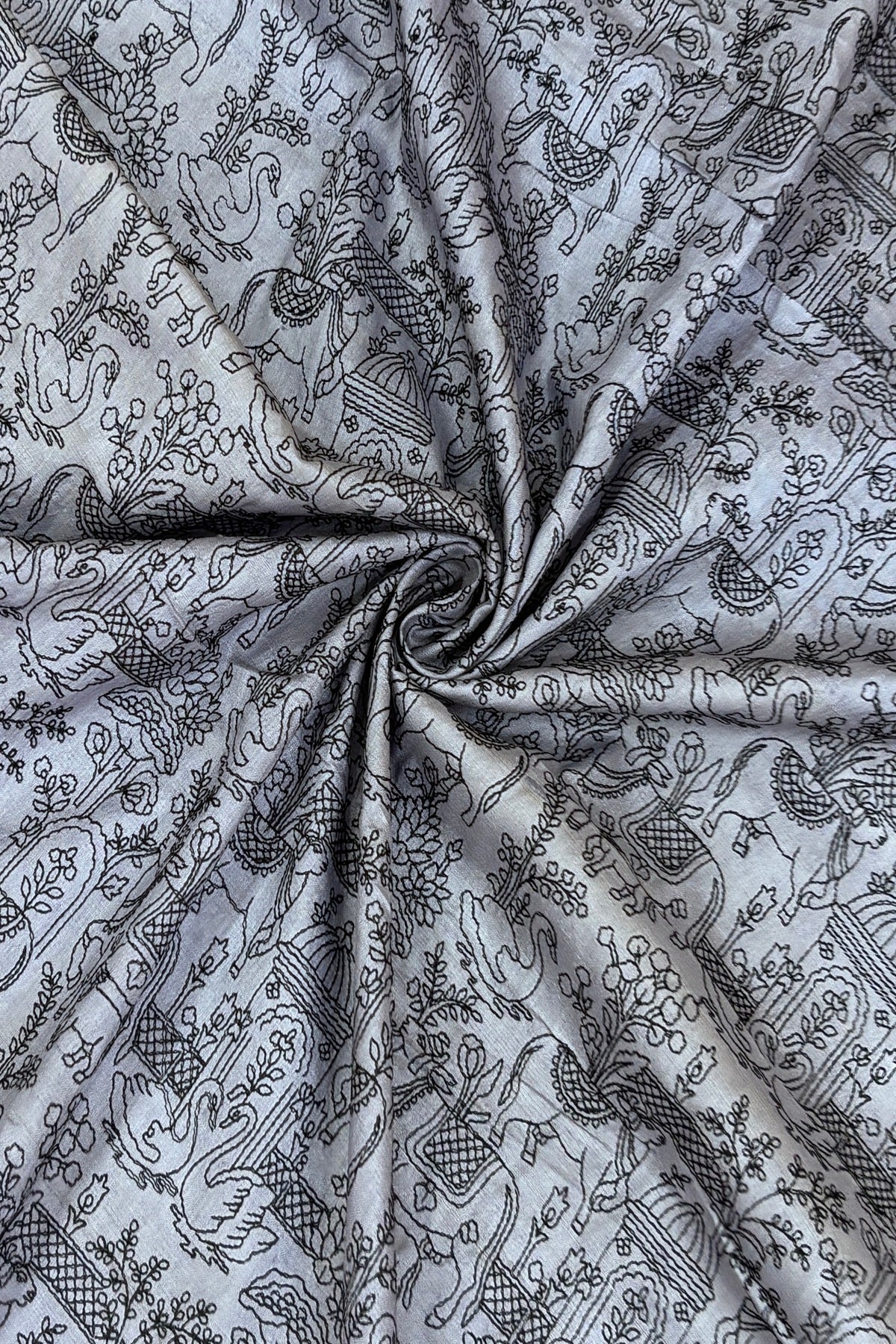 Pichwai Inspired Black Thread Embroidered Pure Tussar Fabric