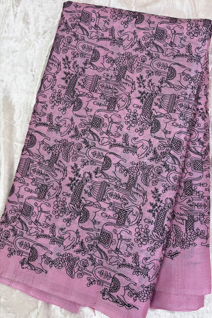 Pichwai Inspired Black Thread Embroidered Pure Tussar Fabric