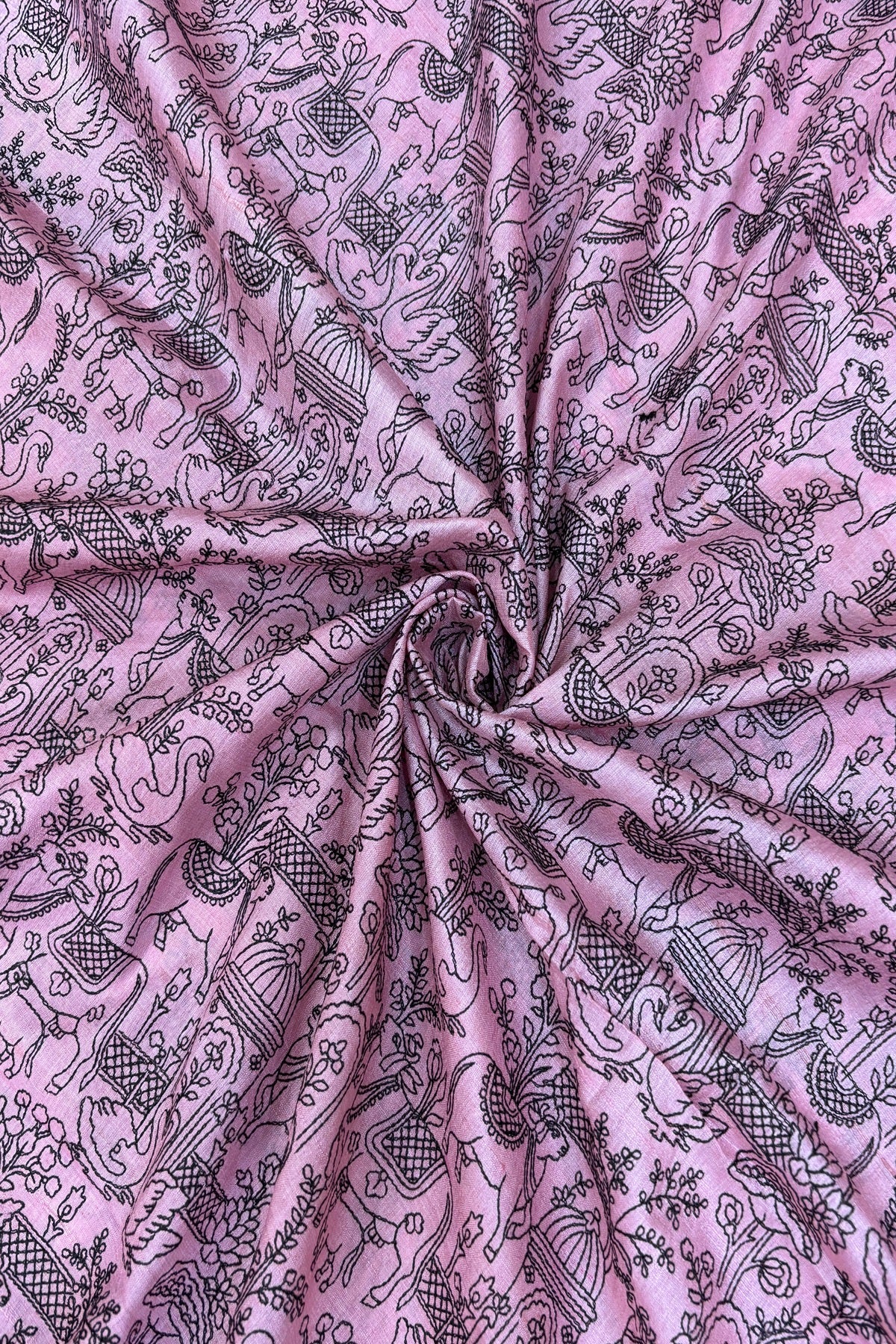 Pichwai Inspired Black Thread Embroidered Pure Tussar Fabric