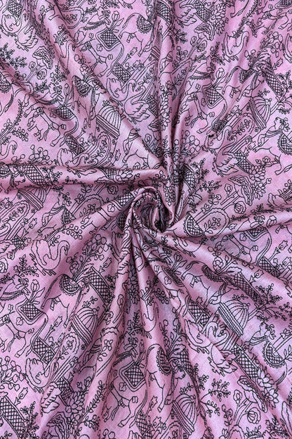 Pichwai Inspired Black Thread Embroidered Pure Tussar Fabric