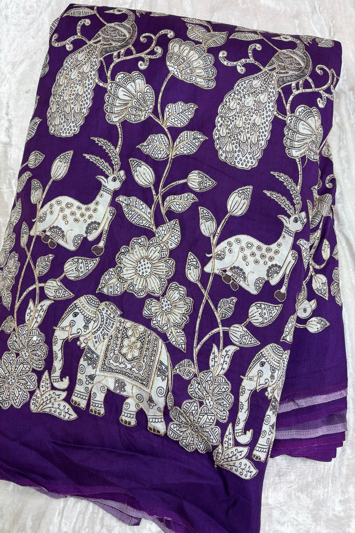 Kalamkari Inspired Jungle Theme Printed With Zari & Sequins Highlighted Dola Silk Fabric
