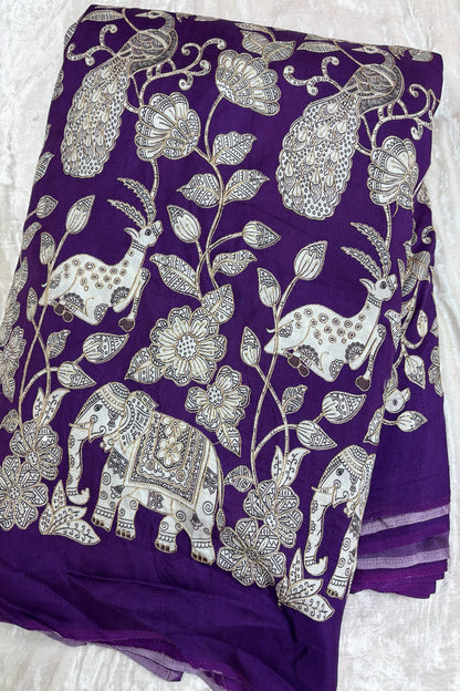 Kalamkari Inspired Jungle Theme Printed With Zari & Sequins Highlighted Dola Silk Fabric