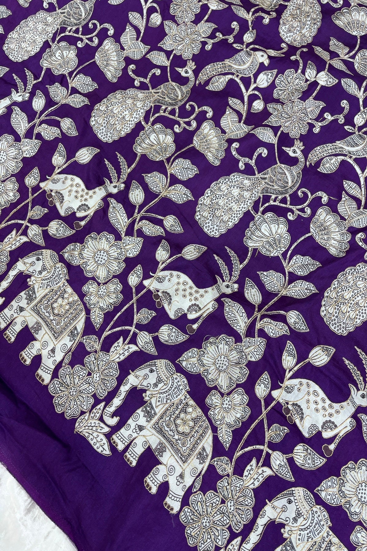Kalamkari Inspired Jungle Theme Printed With Zari & Sequins Highlighted Dola Silk Fabric