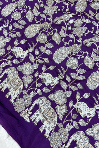 Kalamkari Inspired Jungle Theme Printed With Zari & Sequins Highlighted Dola Silk Fabric
