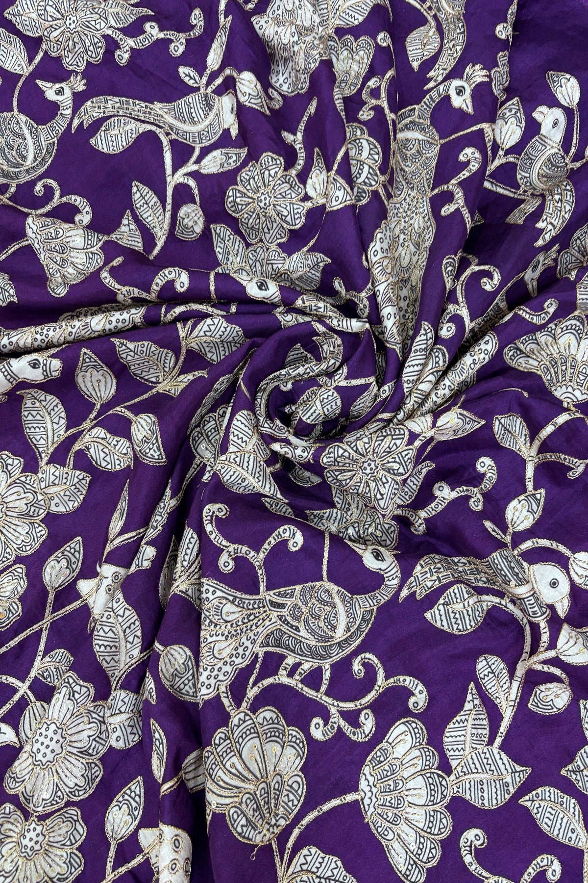 Kalamkari Inspired Jungle Theme Printed With Zari & Sequins Highlighted Dola Silk Fabric