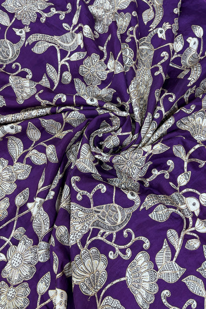 Kalamkari Inspired Jungle Theme Printed With Zari & Sequins Highlighted Dola Silk Fabric