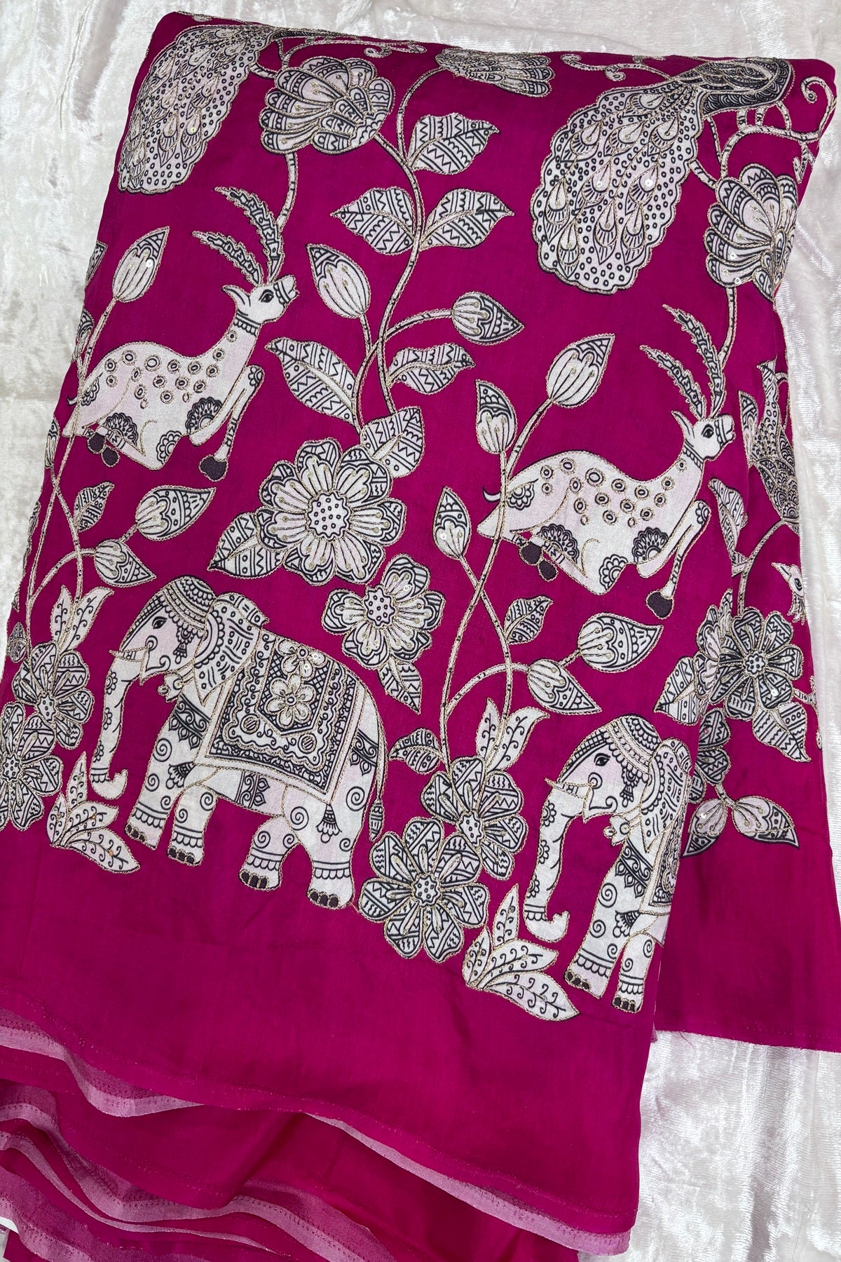 Kalamkari Inspired Jungle Theme Printed With Zari & Sequins Highlighted Dola Silk Fabric