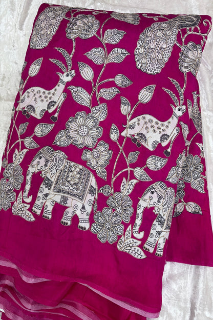 Kalamkari Inspired Jungle Theme Printed With Zari & Sequins Highlighted Dola Silk Fabric