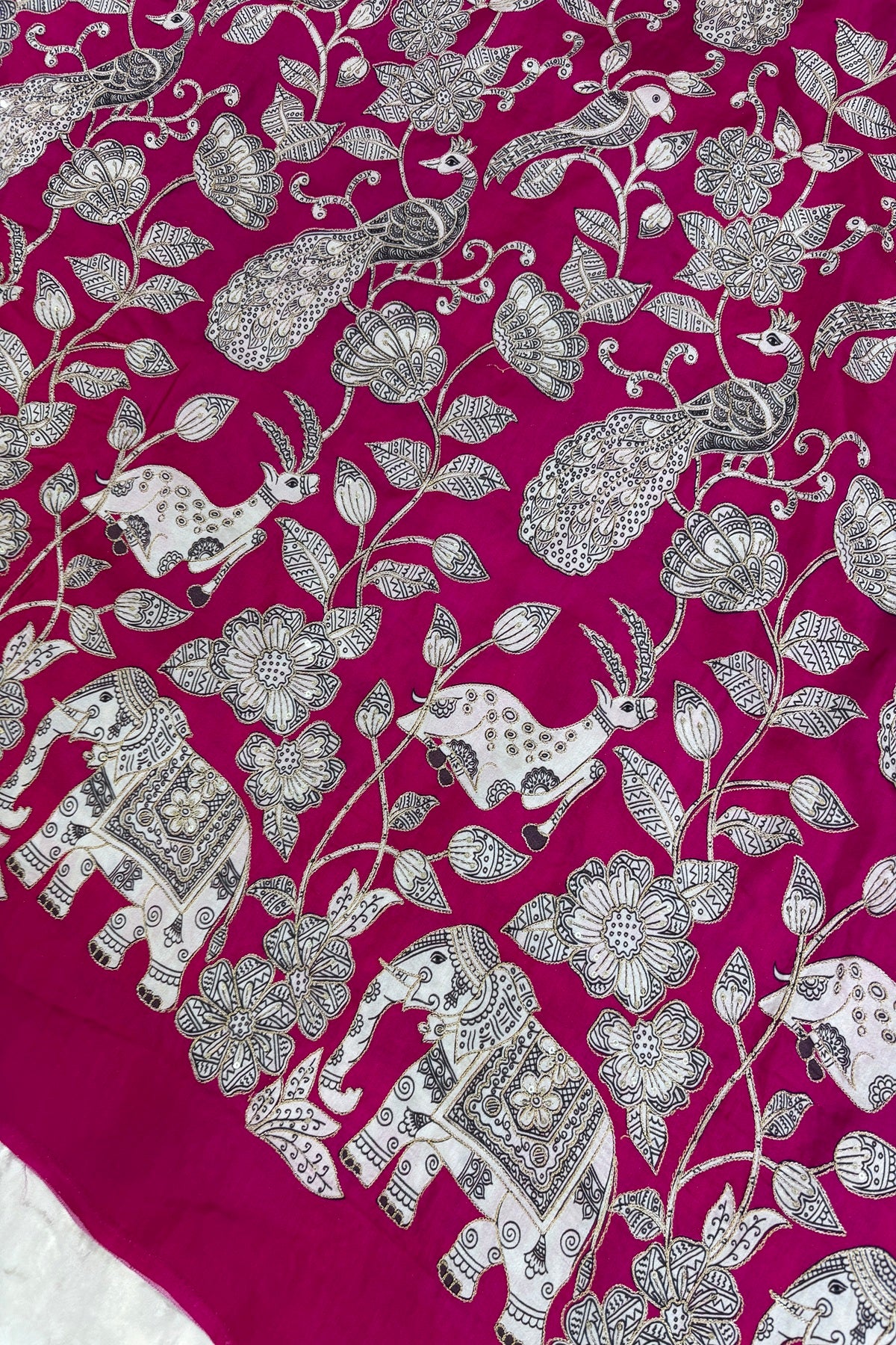 Kalamkari Inspired Jungle Theme Printed With Zari & Sequins Highlighted Dola Silk Fabric