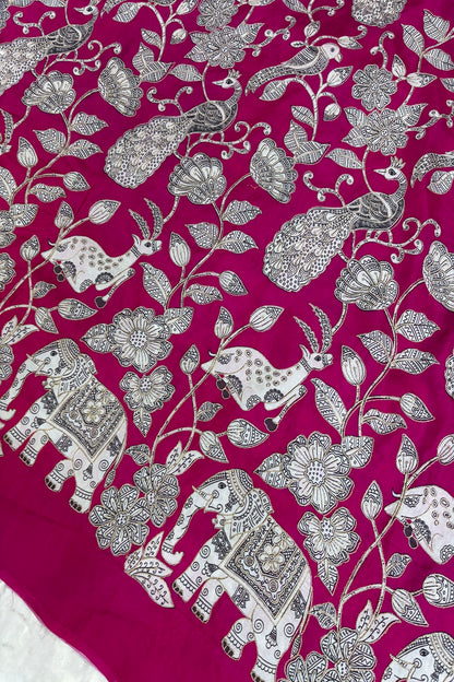 Kalamkari Inspired Jungle Theme Printed With Zari & Sequins Highlighted Dola Silk Fabric