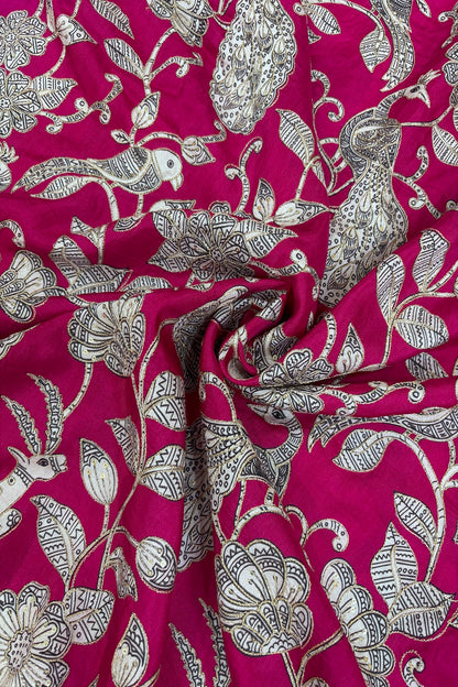 Kalamkari Inspired Jungle Theme Printed With Zari & Sequins Highlighted Dola Silk Fabric