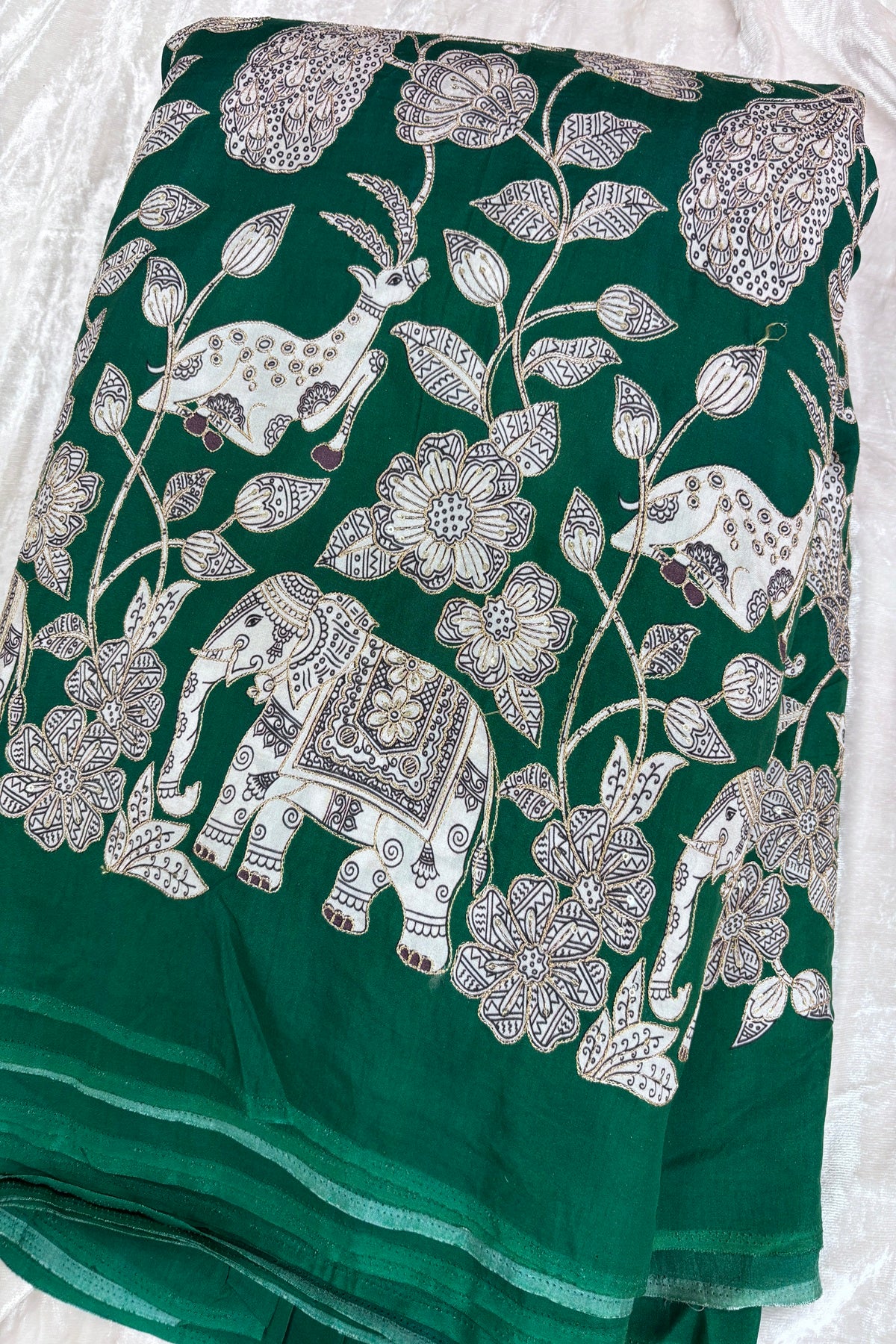 Kalamkari Inspired Jungle Theme Printed With Zari & Sequins Highlighted Dola Silk Fabric