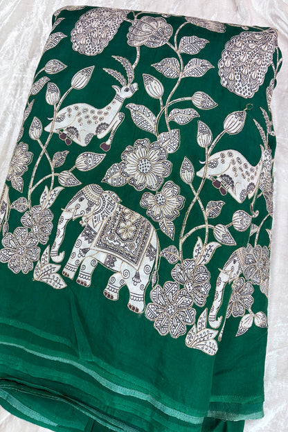 Kalamkari Inspired Jungle Theme Printed With Zari & Sequins Highlighted Dola Silk Fabric