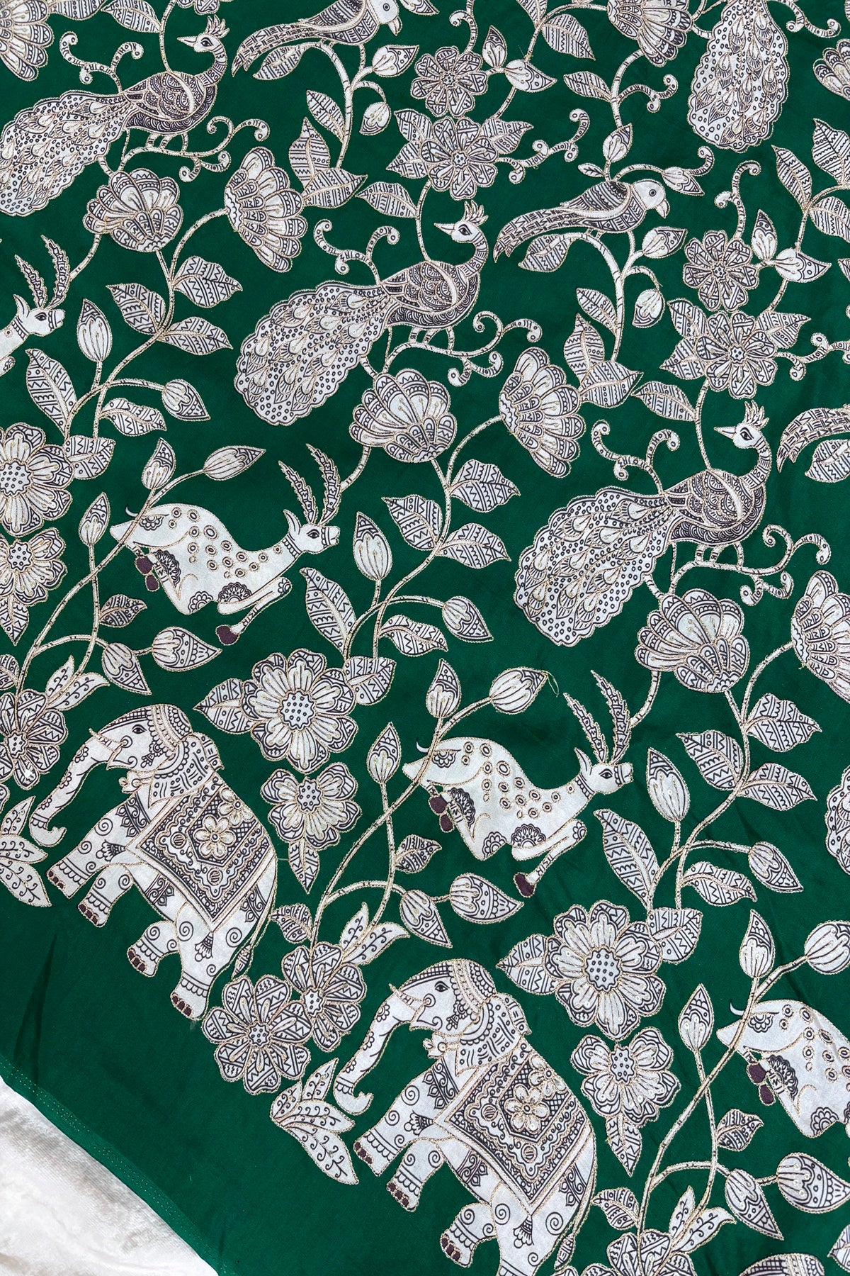 Kalamkari Inspired Jungle Theme Printed With Zari & Sequins Highlighted Dola Silk Fabric