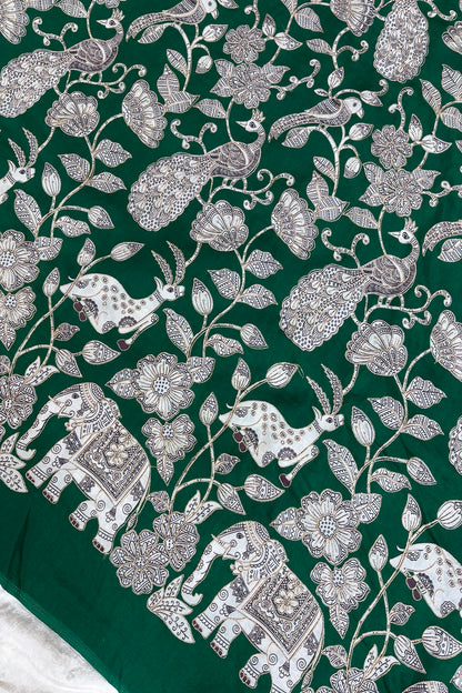 Kalamkari Inspired Jungle Theme Printed With Zari & Sequins Highlighted Dola Silk Fabric
