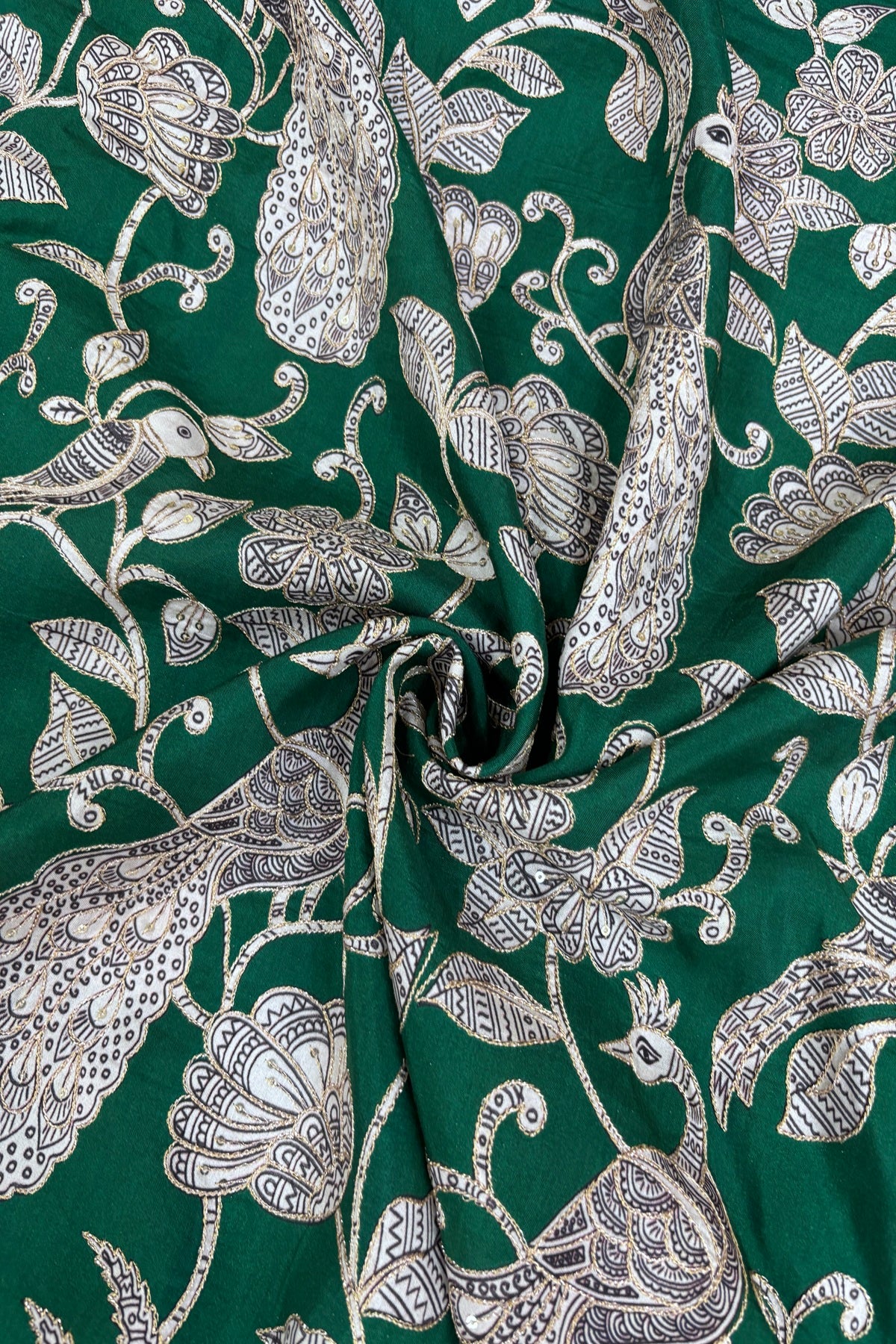 Kalamkari Inspired Jungle Theme Printed With Zari & Sequins Highlighted Dola Silk Fabric