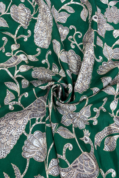 Kalamkari Inspired Jungle Theme Printed With Zari & Sequins Highlighted Dola Silk Fabric