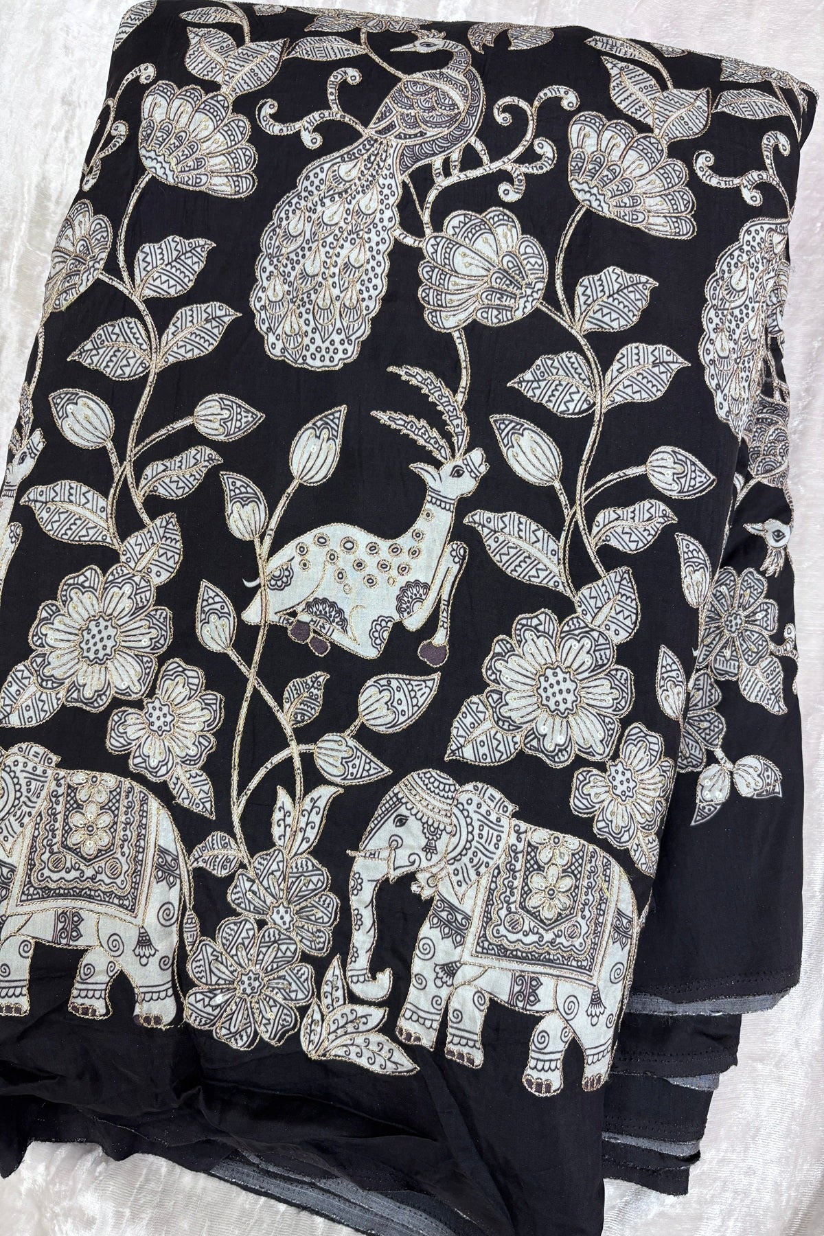 Kalamkari Inspired Jungle Theme Printed With Zari & Sequins Highlighted Dola Silk Fabric