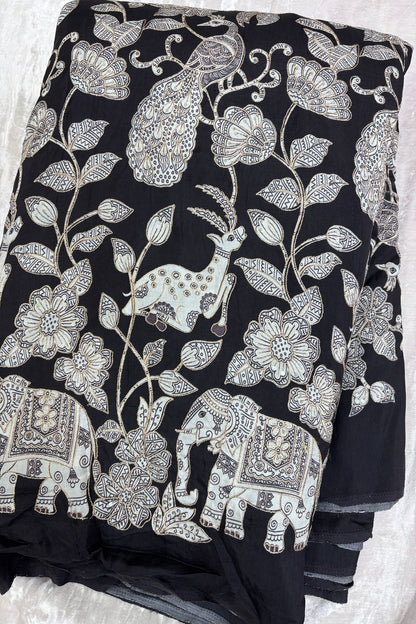 Kalamkari Inspired Jungle Theme Printed With Zari & Sequins Highlighted Dola Silk Fabric