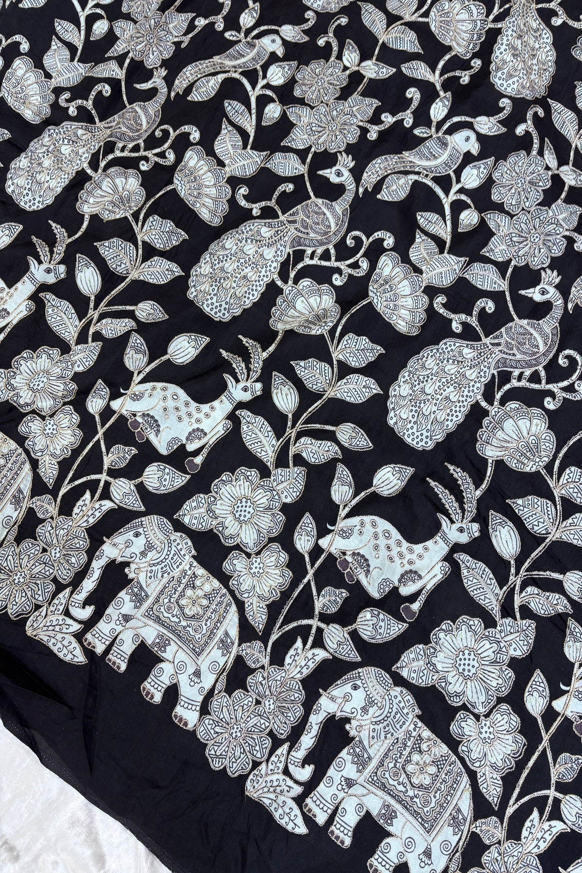 Kalamkari Inspired Jungle Theme Printed With Zari & Sequins Highlighted Dola Silk Fabric