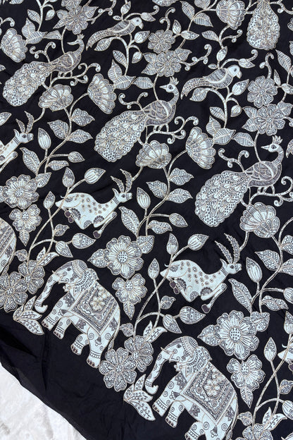 Kalamkari Inspired Jungle Theme Printed With Zari & Sequins Highlighted Dola Silk Fabric