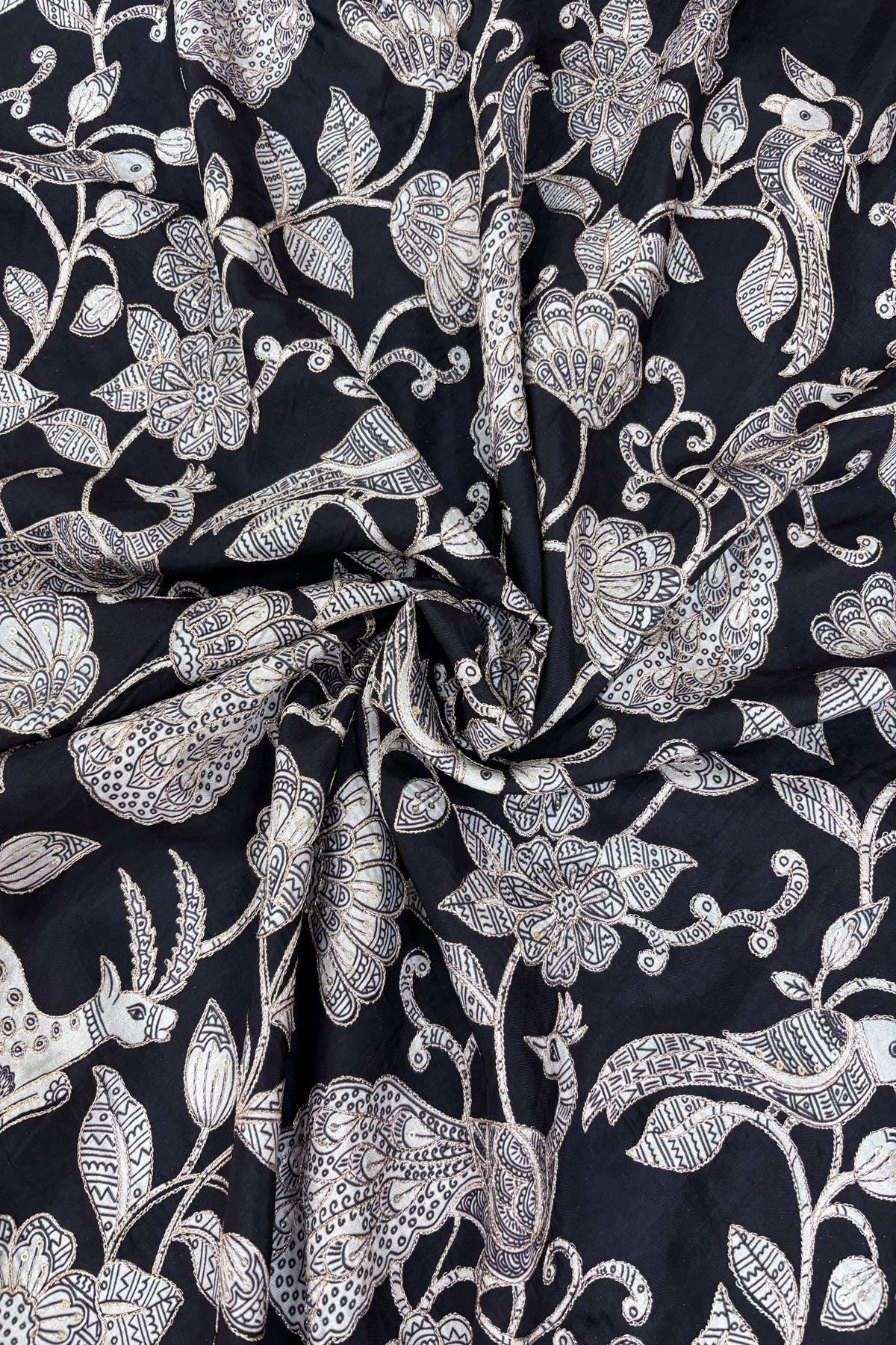 Kalamkari Inspired Jungle Theme Printed With Zari & Sequins Highlighted Dola Silk Fabric
