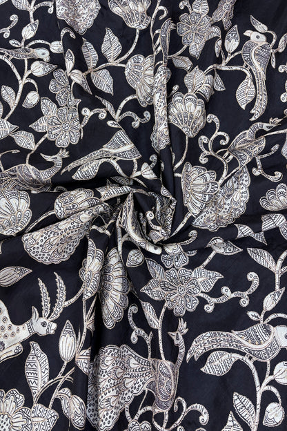 Kalamkari Inspired Jungle Theme Printed With Zari & Sequins Highlighted Dola Silk Fabric