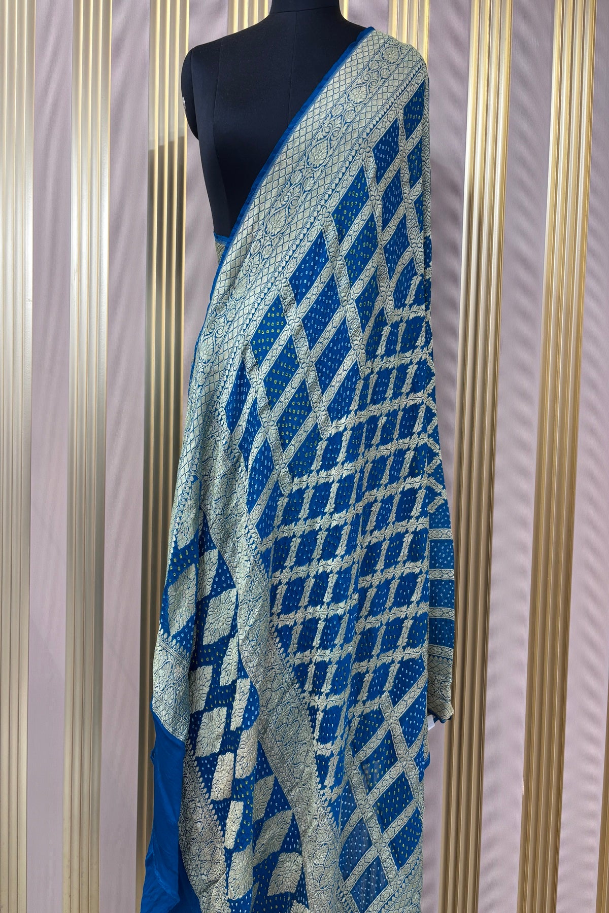 Dark Copper Sulphate Blue Pure Bandhani Banarasi Brocade Woven Georgette Dupatta