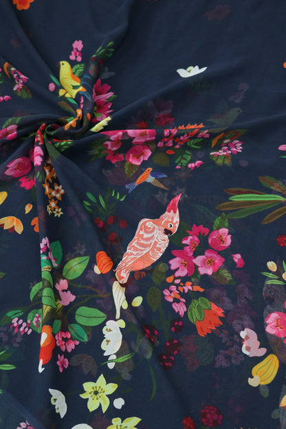 Navy Blue Tropical Birds Printed Georgette Fabric