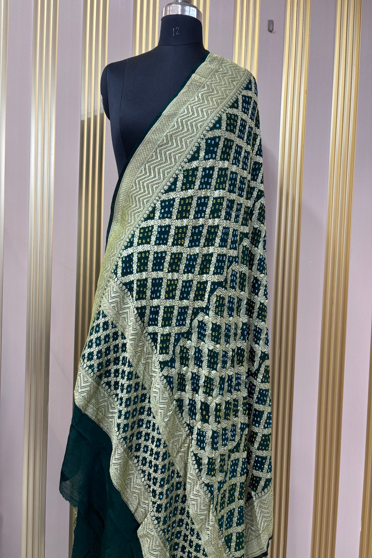 Bottle Green Pure Bandhani Banarasi Brocade Woven Georgette Dupatta
